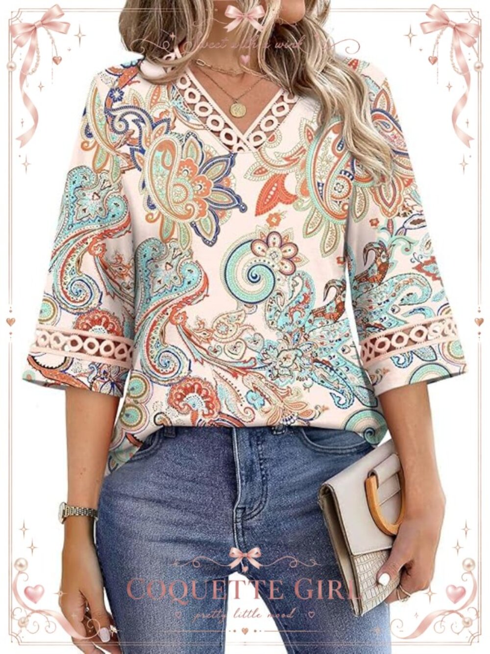Womens Eyelet Lace V Neck Blouse 3/4 Bell Sleeve Dressy Work Top